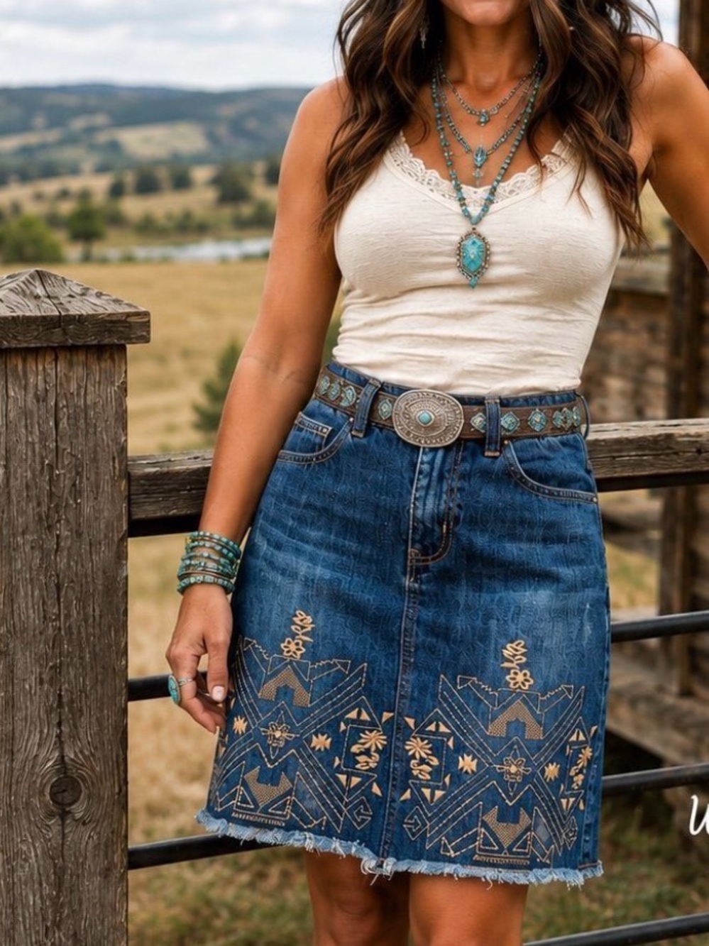 Lucky & Blessed Blue Denim Midi Skirt with Gold Embroidered Tribal Detail - S